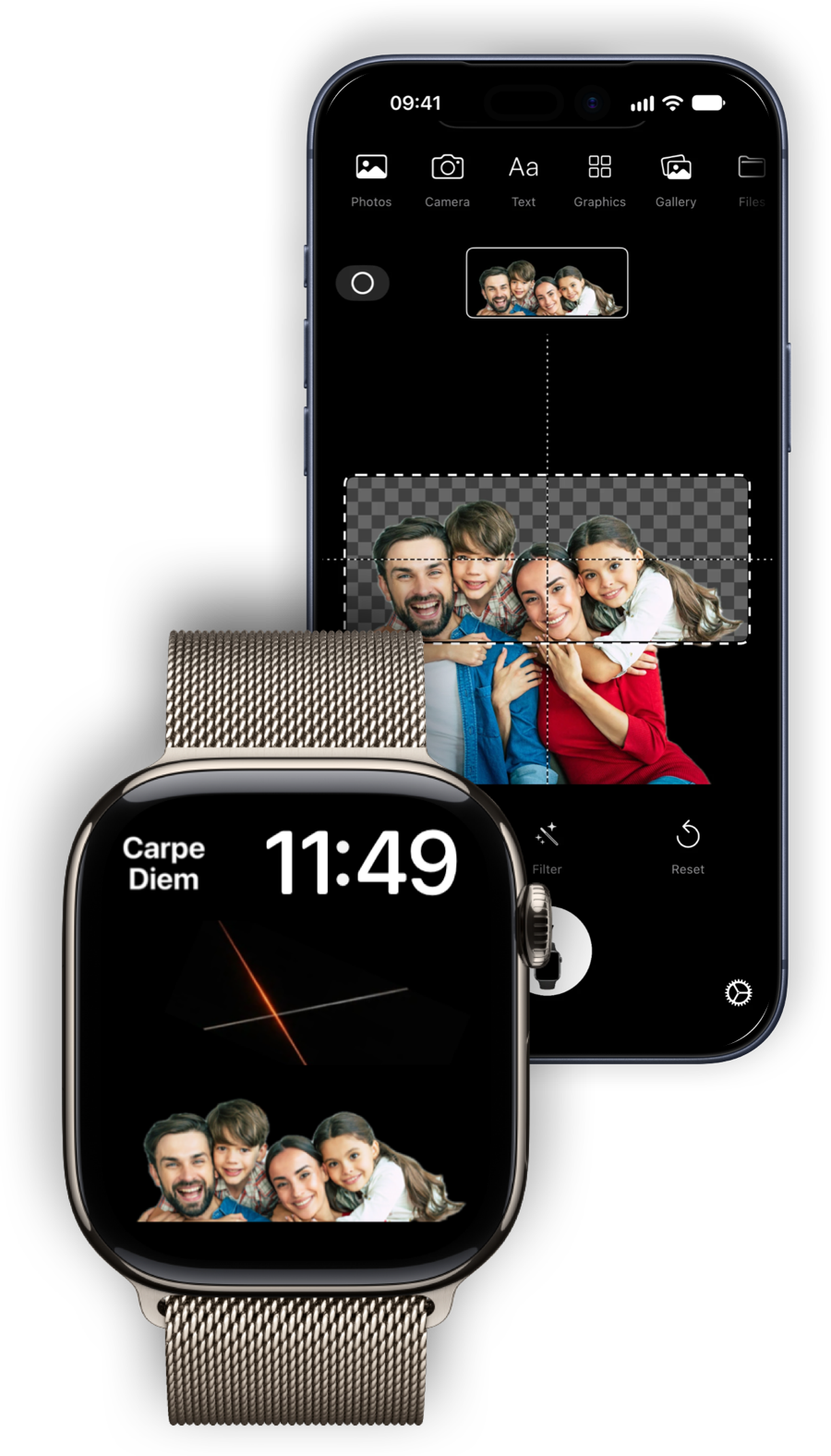 iPhone med et fritlagt familiefoto ved siden af et Apple Watch, der viser familien i den brede komplikation
