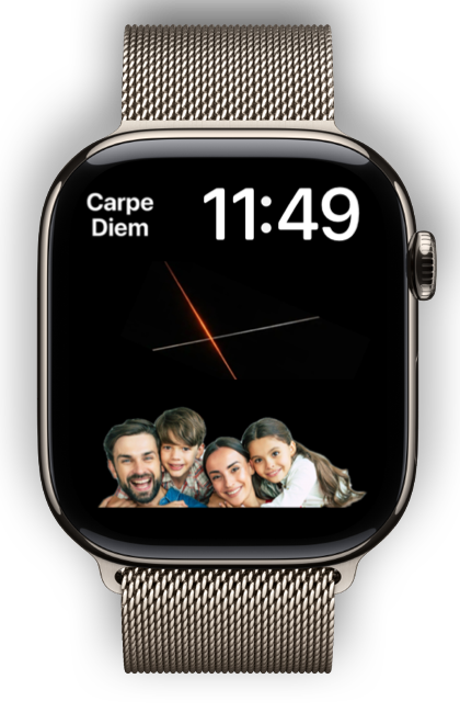Urskive med “Carpe Diem” og et fritlagt familiefoto